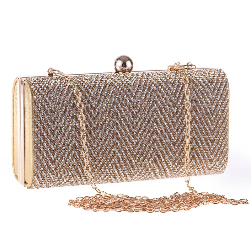 

Fashion Crystal Women's Evening Party Clutch Wave Striped Handbag Flap Black Silver Gold Shoulder Bag Metal Chain Pouch Bag Hasp