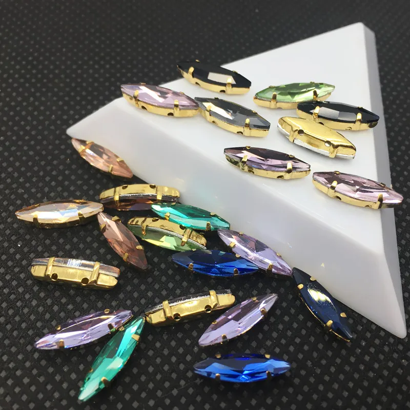 

Sew On Glass Crystal 4x15mm Navette Fancy Stone With Golden Claw Setting apply to Clothing Decoration