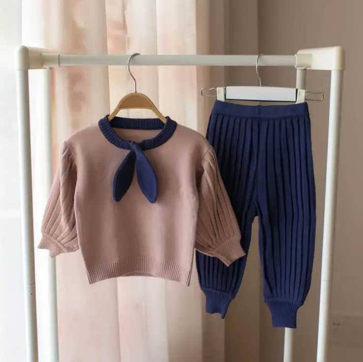 

Fashion 2019 Girls 2pcs Knitted Set Bow Sweater +Long Pants Autumn Winter Kids Suits 1-6T