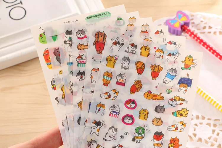 6 Pcs/Set Cute PVC Stickers Kawaii Cartoon Cat Sticky Paper For kids Child DIY Scrapbooking Stickers Diary Ablum Gift Stationery