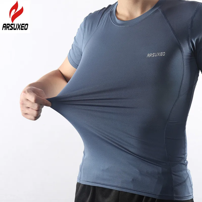 ARSUXEO, Спортивная мужская рубашка с коротким рукавом, эластичная быстросохнущая компрессионная футболка, базовый слой, футболка для бега, одежда для тренировок, фитнеса, спортивная одежда