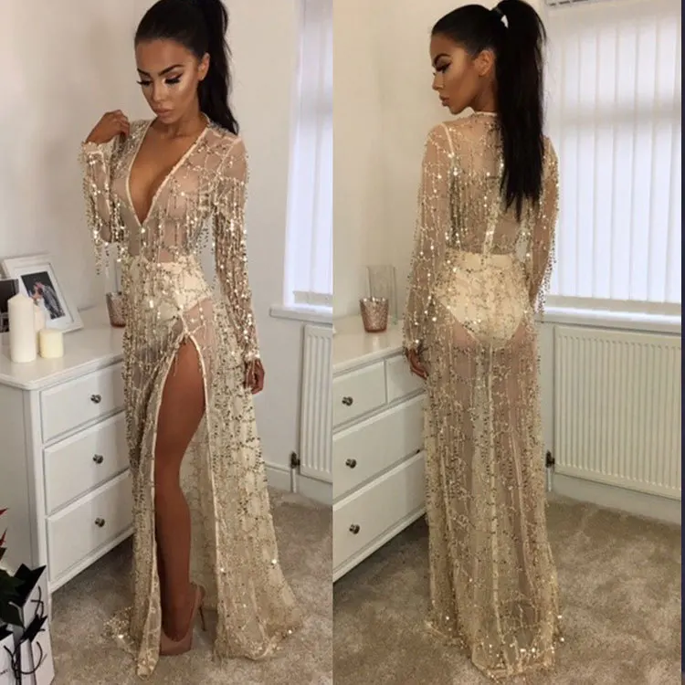 2018 Sexy Women Sequin Glitter See Through Mesh Party Club Evening Special Occasion Bodycon Dress Deep V Neck Long | Женская одежда