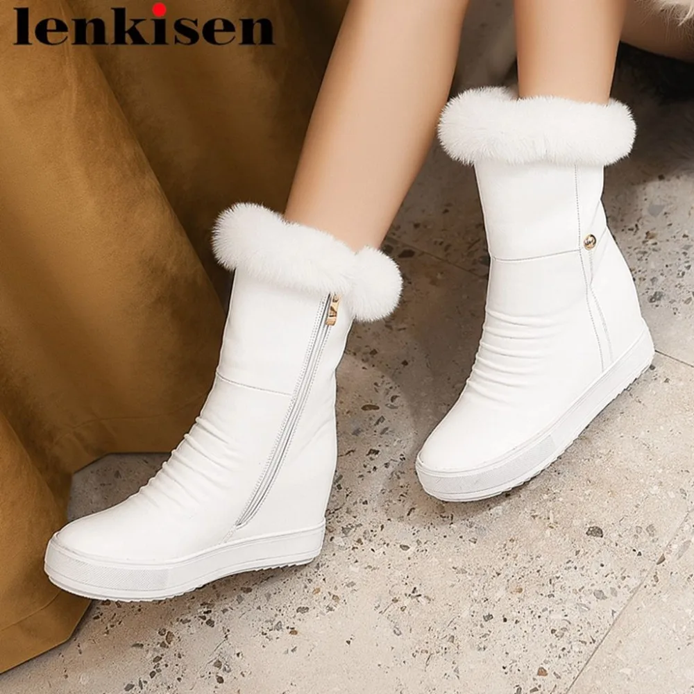 

Lenkisen popular rabbit fur decoration design round toe high heels platform solid handmade european style winter snow boots L91