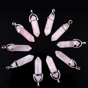 

10pcs/lot Natural Rose Quartz Stone Point Hexagonal Chakra Reiki Pendants For Necklace or Earring Jewelry Women Gift Free Pouch