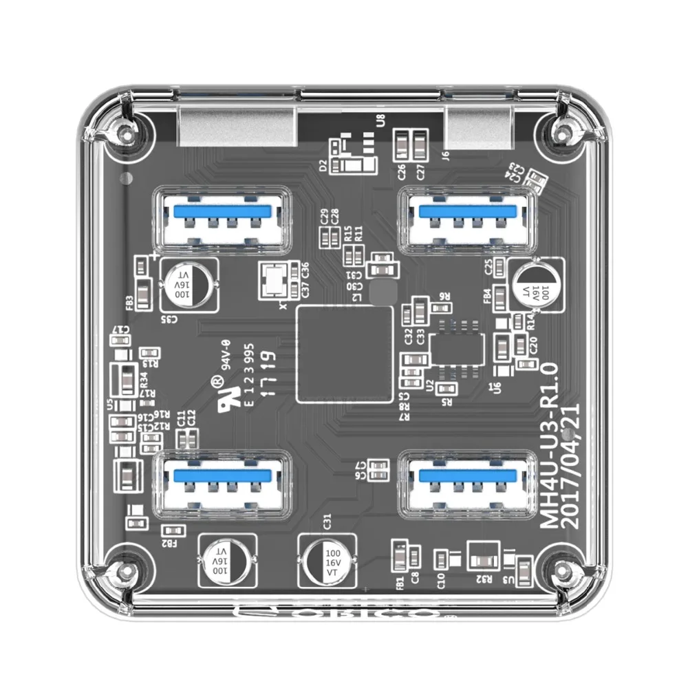 ORICO Прозрачный USB 3,0 концентратор 4 порта Высокоскоростной USB разветвитель с зарядным интерфейсом для Windows Mac Linux ноутбука ПК USB