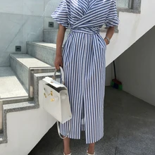 Корейское женское летнее хлопковое синее Полосатое Бандажное длинное платье с разрезом женское длинное облегающее платье размера плюс Vestido Femme Ete Sukienki