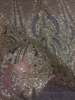 

yaking-168 glued glitter Nigerian tulle lace fabric with beads glued glitter african tulle net lace fabric