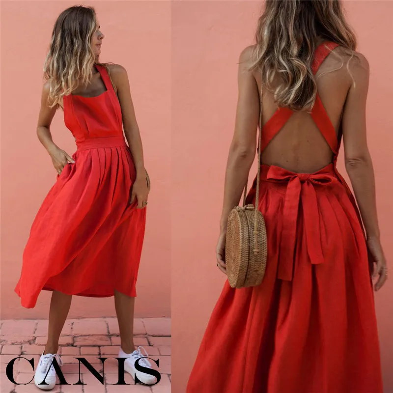 

Women's sexy boho backless cross-straps square neck red dress evening party beach sundress