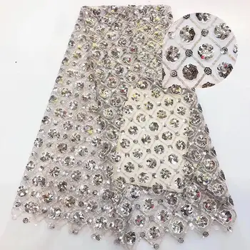

French Net Lace Fabric 2018 Latest african guipure lace fabric with embroidery mesh tulle gold cord Sequins lace fabric