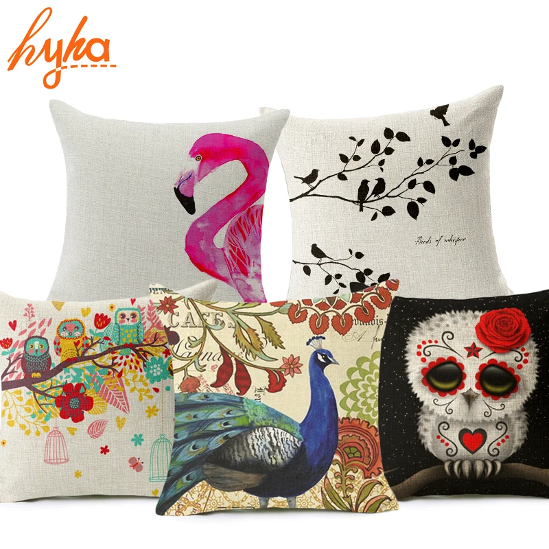 

Hyha Bird Style Cushion Cover Cotton Linen Owl Flamingo Sparrow Peacock Home Decorative Pillows Cover Nordic Simple Brand Pillow