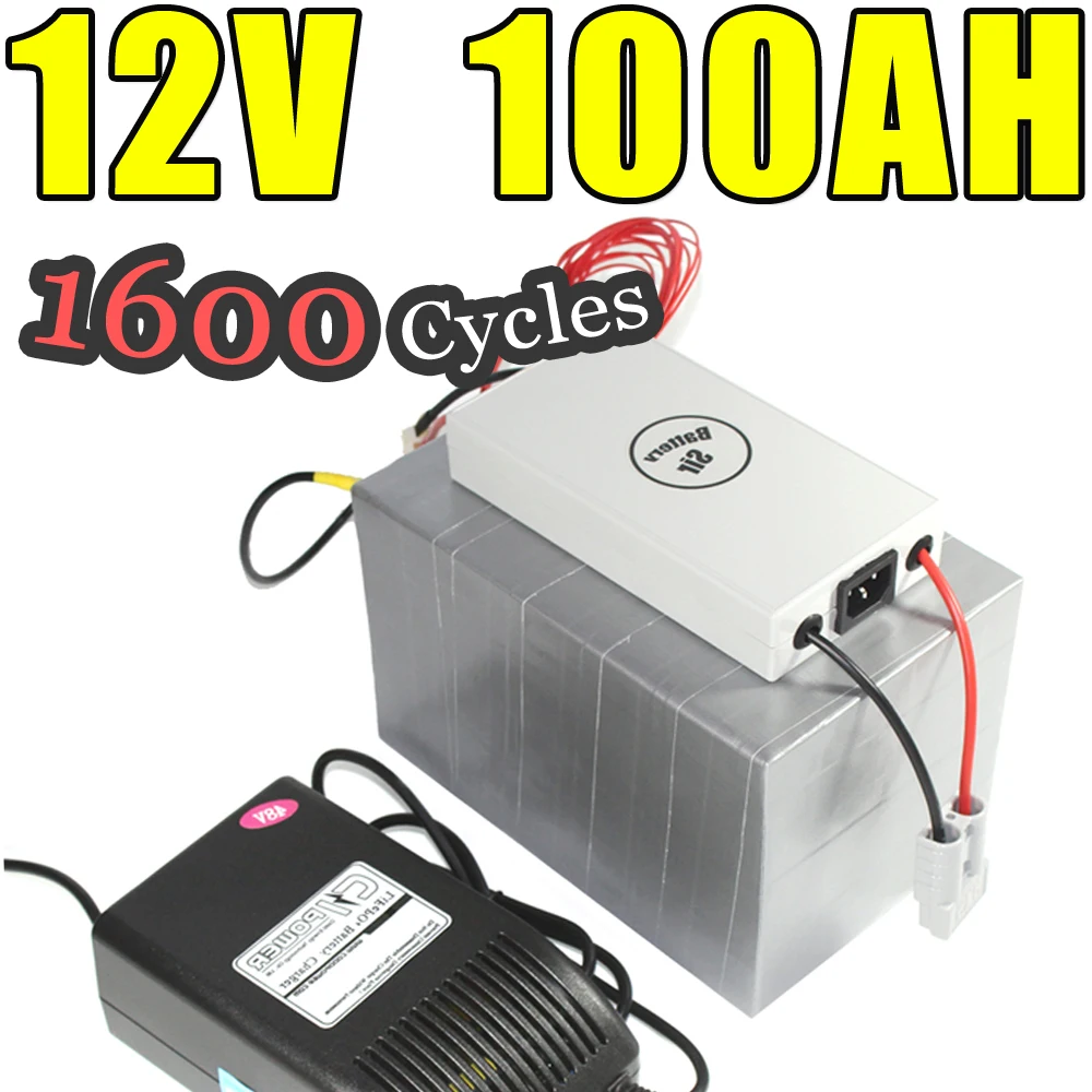 

12V 100AH LiFePO4 Battery with 10A Charger 1000W BMS Waterproof Inverter Solar Energy, Golf Car Battery