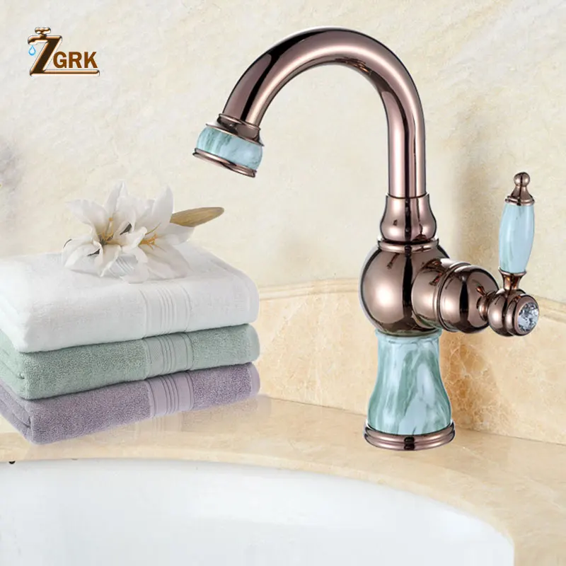 

ZGRK Marble Bathroom Sink Faucet Hot And Cold Basin Jade Taps Full Copper Golden Lavatory Faucet Marble Stone Gold Basin Retro