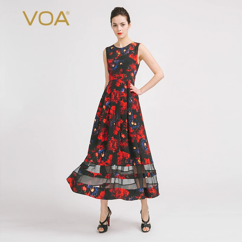VOA 2018 Zomer Mode Zijden Mouwloze Organza Boho Maxi Jurk Rood Slank Print Sexy Netto Garen Grote Slinger Lange Jurk a6865 VOA 2018 Zomer Mode Zijden Mouwloze Organza Boho Maxi Jurk Rood Slank Print Sexy Netto Garen Grote Slinger Lange Jurk a6865