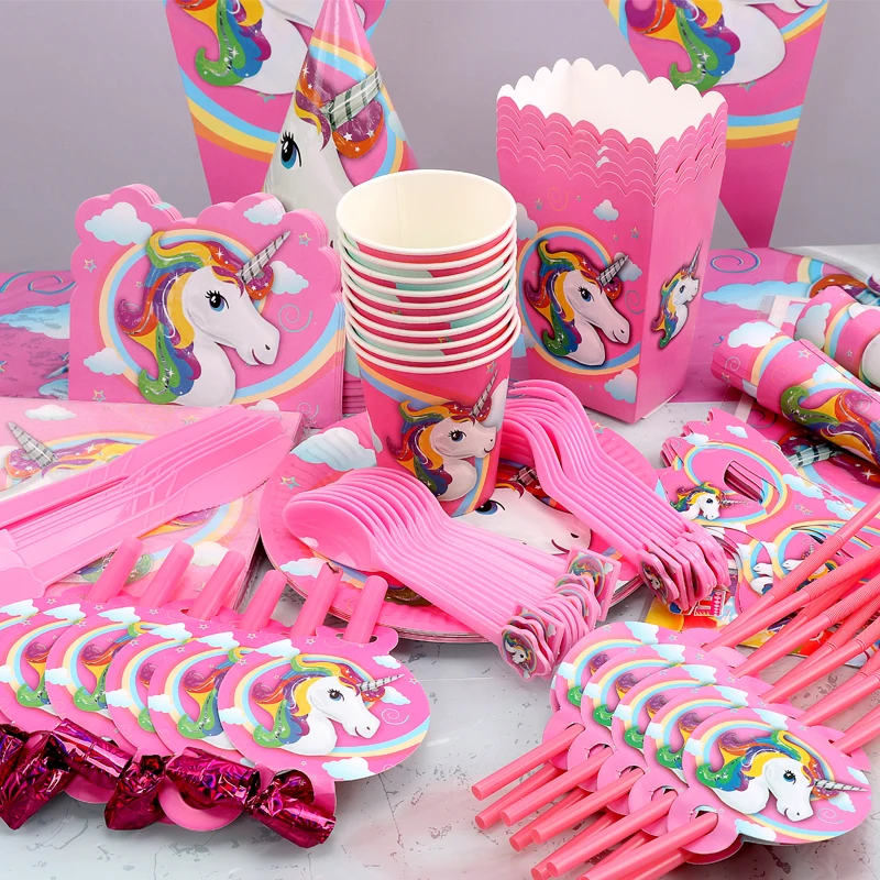 

Pink Unicorn Party Tableware Set Unicorn Balloons Banner Cup Box Happy Birthday Party Decoration Kids Baby Shower Party Favors