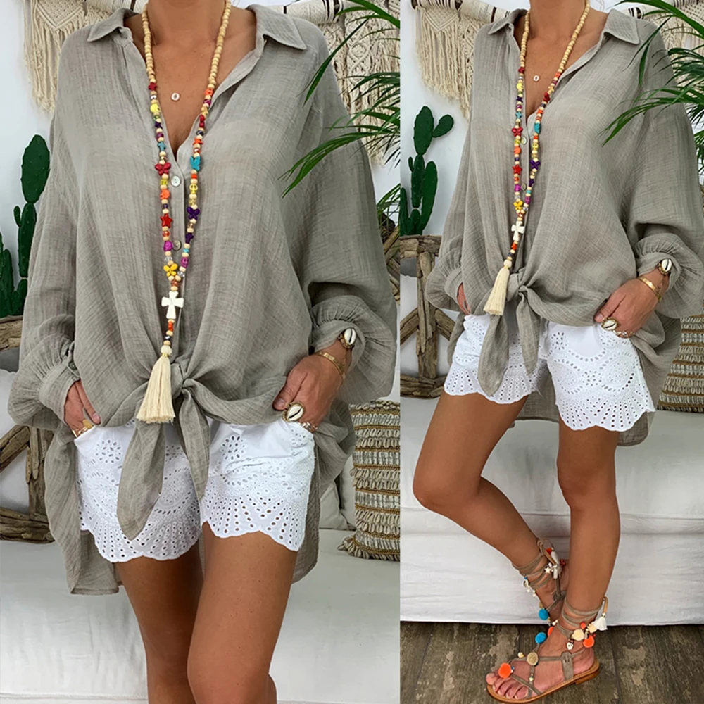 

Long Sleeve Cotton Linen Blouses Shirts Button Solid Loose Female Tunic Casual V Neck Plus Size Autumn Cardigan Women's Blouses