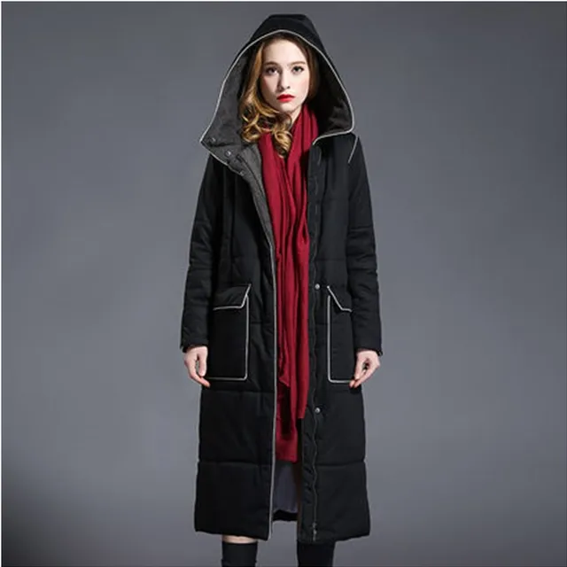 Cheap 2016 New High-end Women Cotton Padded Over Knees Length Coat Winter Slim Long Thick Jacket Hooded Warm Big Pocket Parkas JA306