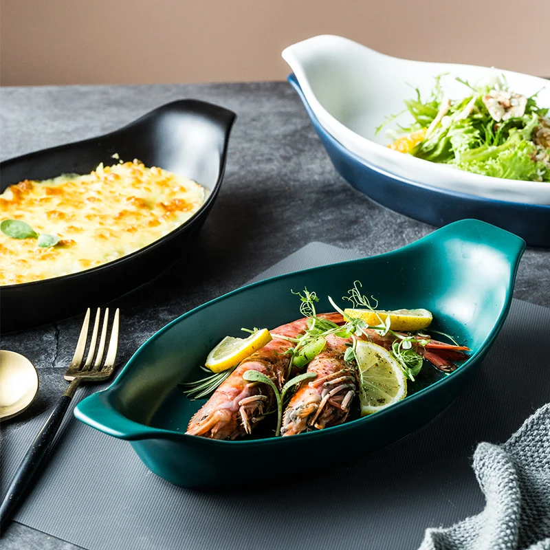 

NIMITIME Nordic Style Matte 4 Color Double Ear Cheese Baking Dish Oval Dish Ceramic Rice Dinner Plate Tableware