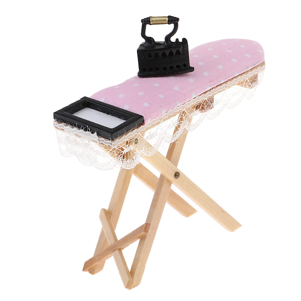 1:12 Dollhouse Miniature Doll Display Stand & Wooden Ironing Board Table with Vintage Metal Room Decor Laundry Room Furniture