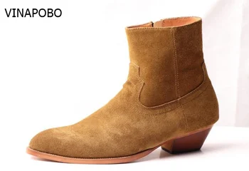 

VINAPOBO Pointed Toe Ankle Boots Fish Scale Embossed Genuine Leather Zipper Boots Spring/Autumn Men Shoes White Black Brown
