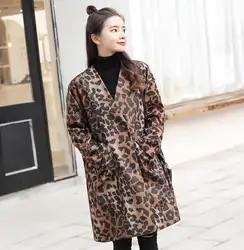 Утепленные леопардовая куртка Для женщин средней длины зимнее пальто с искусственным мехом Для женщин тонкий Повседневное Luipaard меховые