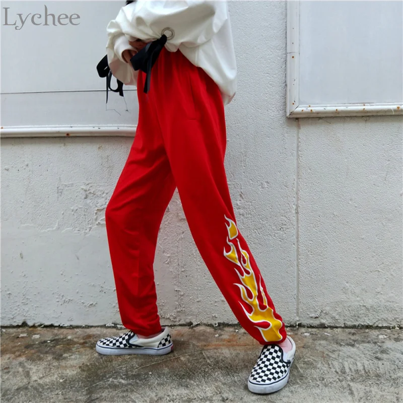 Lychee весна осень панк женские брюки пламя лоскутное повседневные свободные брюки плоские полные брюки уличная одежда