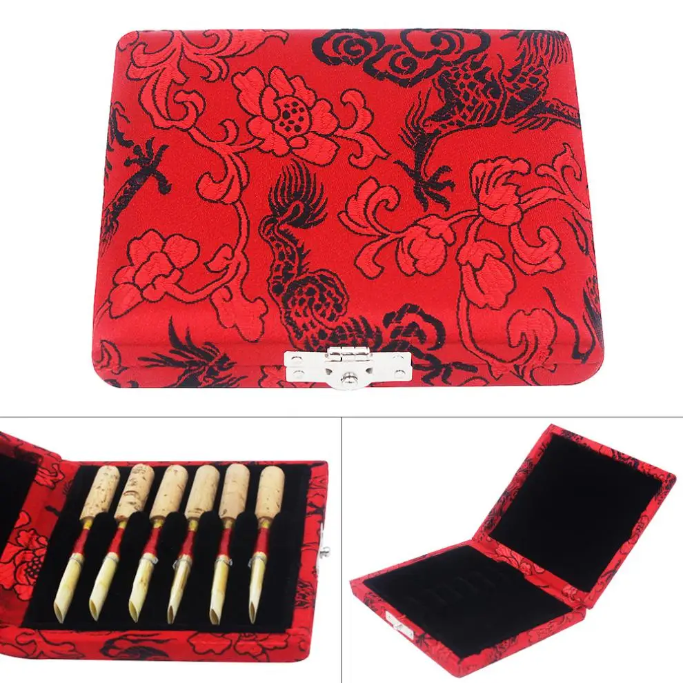 

Pipe Accessories Red Oboe Reeds Storage Box Wood Case with Exquisite Dragon Embroidery for 6 Reeds