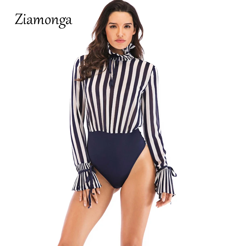 

Ziamonga Women Elegant High Neck Ruffle Striped Bodysuits Chiffon Shirt Casual Siamese Blouse Playsuits Overalls Feminina Blusas