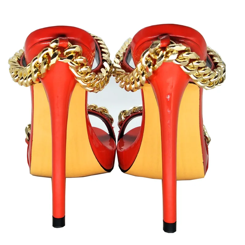 Оригинальные женские босоножки; модные босоножки на тонком каблуке с открытым носком и цепочкой; очень стильная красная обувь; женская обувь; большие размеры США 4-10,5