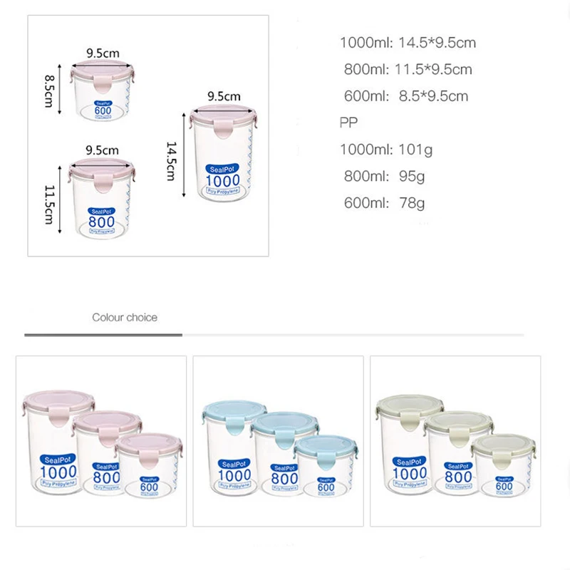 3 шт/набор(600 мл+ 800 мл+ 1000 мл) прозрачные пластиковые герметичные банки для хранения пищевых зерен на холодильник, кухонная коробка для зерновых