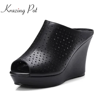 

krazing Pot genuine leather elegant solid hollow slingback super high heels summer mules peep toe young wedges women pumps L3f2