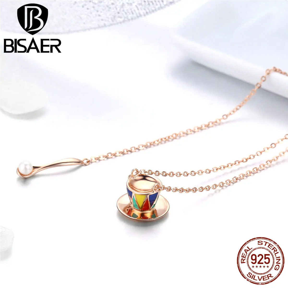 

BISAER 2019 NEW 925 Sterling Silver Rose Gold Color Break Time Cup Long Drop Earrings for Women Cute Fashion Jewelry for Girl