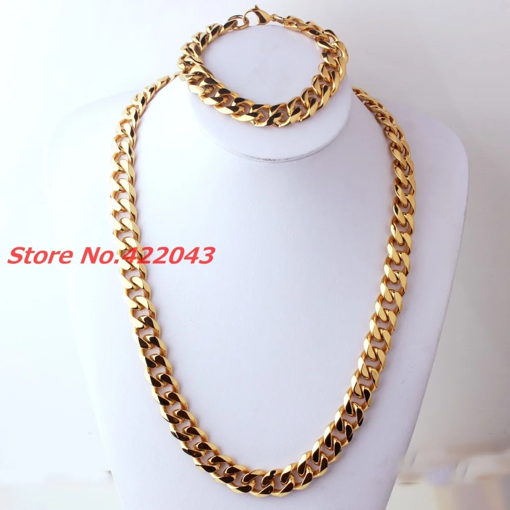 JEWELRY SET 15mm Mens Chain Boy Necklace Curb Cuban Link Gold color ...