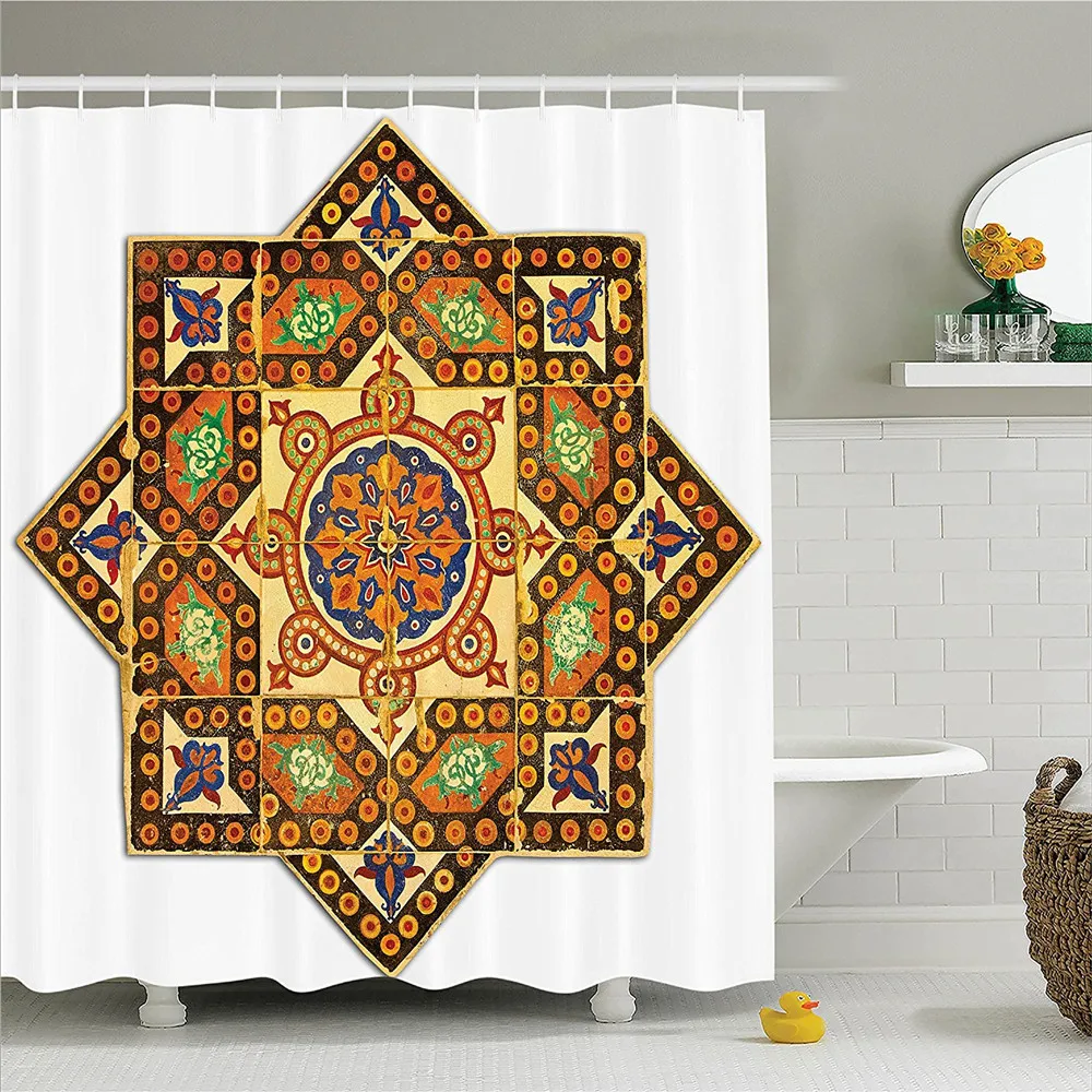 Best Arabian Decor Shower Curtain Set Vintage Floral Geometrical Pattern With Turkish Ottoman Calligraphic Art Style Old Boho Print