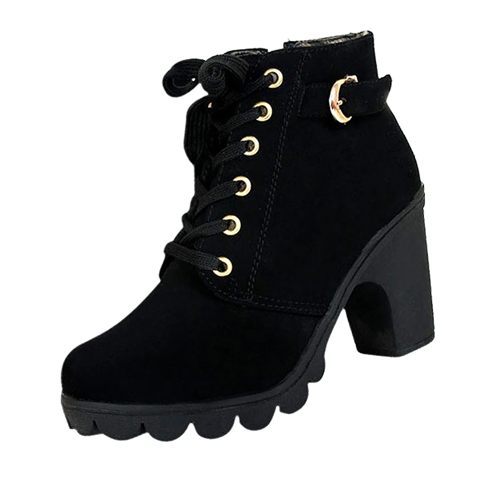 Goedkoop Mode Boutique Vrouwen platform hoge hak enkele schoenen vintage Motorlaarzen Martin Laarzen Zwart US9 (40)