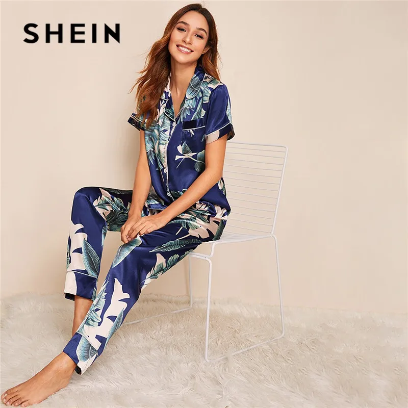 Kopen SHEIN Tropische Print Satijn Pyjama voor Vrouwen Casual Korte Mouw Pocket Nachtkleding Zomer Lange Broek Lingerie Dames Pyjama set