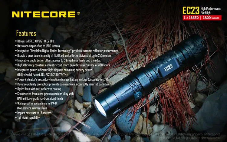 Lanterna com 18650 Nitecore Cree e2 1800 lm Led Lanterna Feixe Distância 255 Metro Luz Bateria Inteligente Tocha Ec23 Xhp34 hd 13 Nitecore ec23 cree xhp34 hd e2 1800