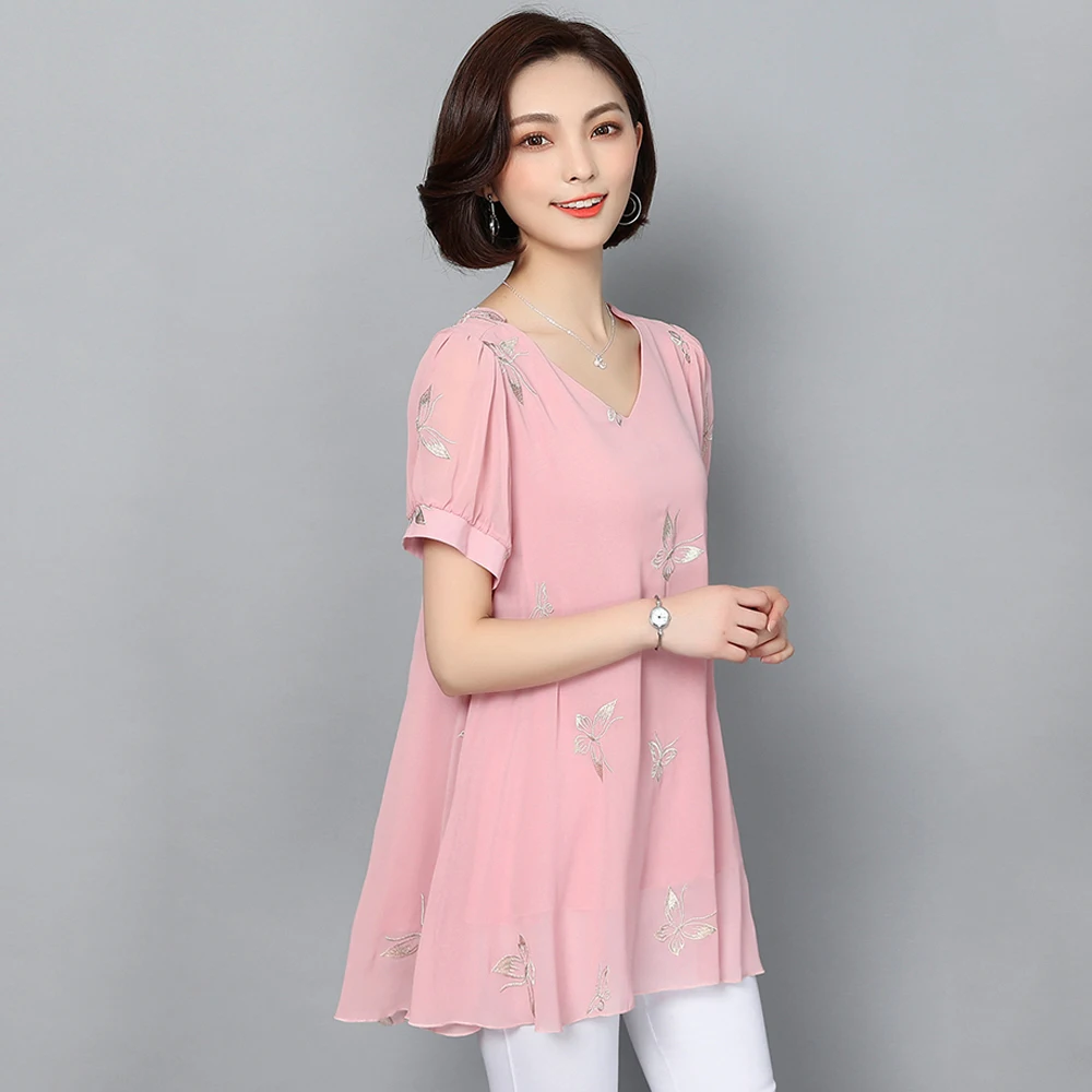 Spring and summer new style Women's large sizeL- 6XL short sleeve blouses Butterfly embroidery temperament chiffon top