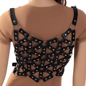 

Leather Harness Cage Bra Belt Adjust Lingerie Body Bondage Sexy Hollow Out Tops Punk Goth O-ring Halloween Dance Festival Rave