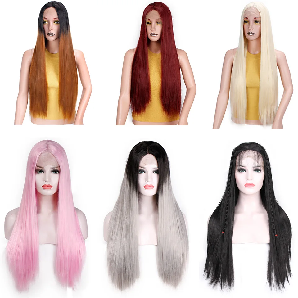 I's a wig Long Synthetic Front Lace Wigs 26 inch Yellow Straight Wig for Women Middle Part 613 Color High Temperature Fiber Hair