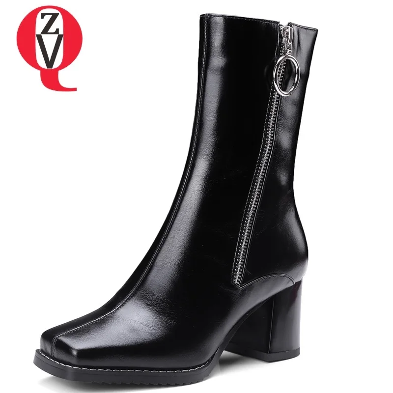 

ZVQ high quality new genuine leather square toe zip high square heel mid calf boots women plush winter warm shoes free shipping