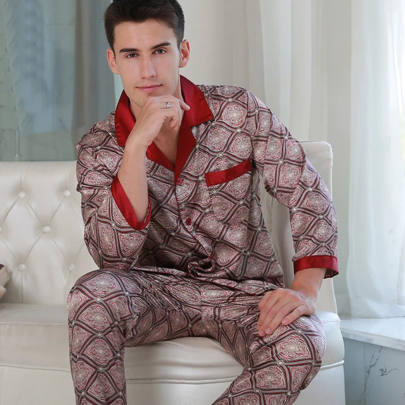 

Sexy Silk Pajama Male Spring Summer Long Sleeve Sleepwear Men Fashion Printed Satin Silk Pyjama Pants Two-Piece Sets 2019 NEW