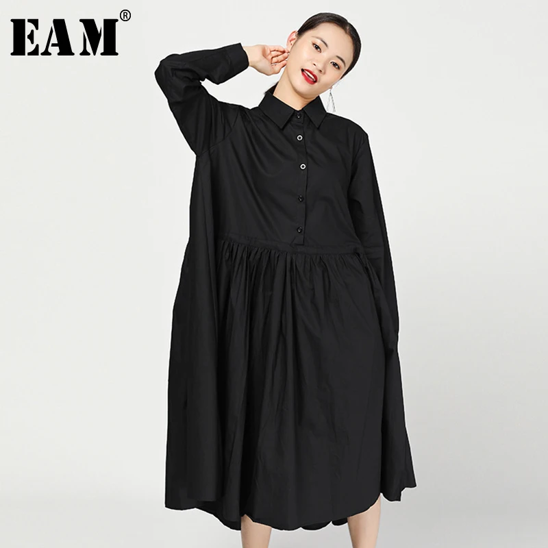 

[EAM] Women Black Pleated Dress New Turn-down Collar Long Sleeve Big Size Loose Fit Fashion Tide Spring Autumn 2019 JY726