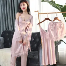 MECHCITIZ 2019 kadın saten Pijama 5 adet Pijama Set seksi dantel Bathobe Pijama uyku salonu Pijama ipek elbise gece takım elbise