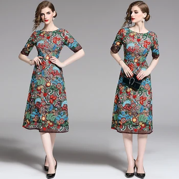 

women woman ladies Designer summer embroidery Embroidered Floral slim A-line Cocktail party midi office work beach dress clothes