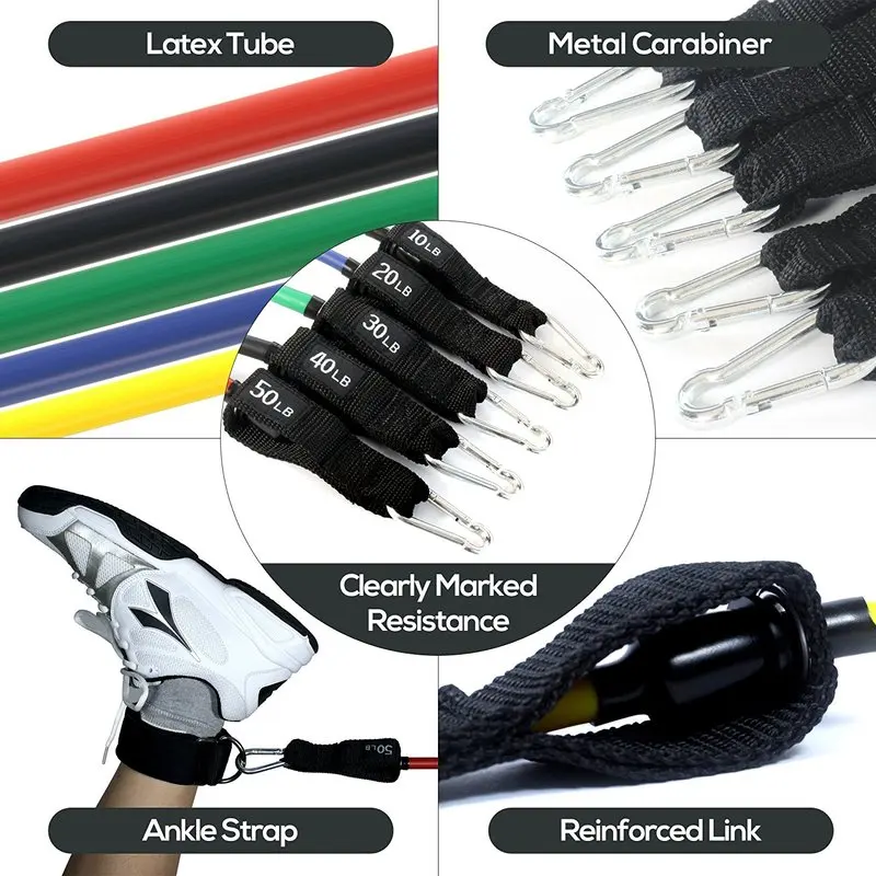 AOPI Workout Resistance Bands 11Set Fitness Pilates Latex Tubing Expanders Exercise Rubber Bands Sport Training Pull Ropes Set