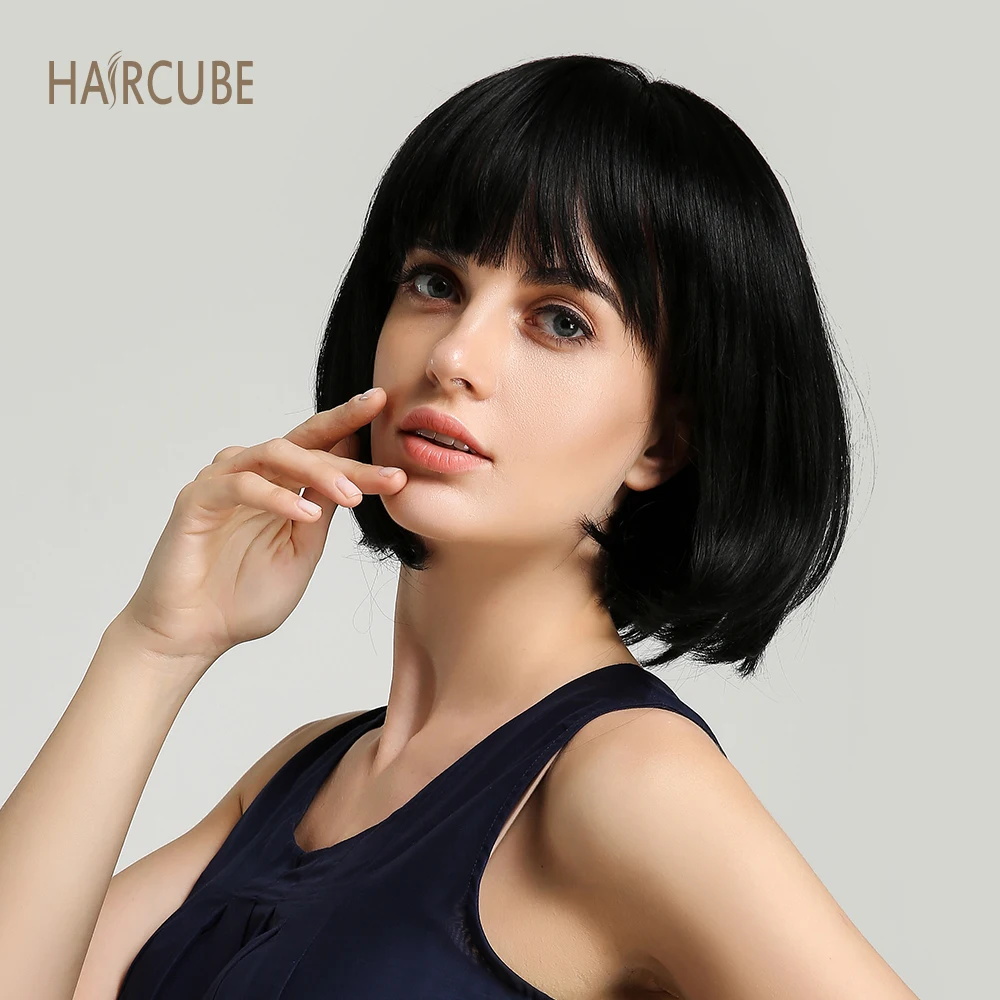 Haircube 8 дюймов синтетический парик 50% человеческие волосы натуральный черный боб парики с аккуратной челкой короткие прямые волосы парики для женщин