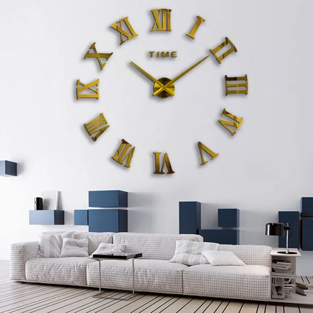 DIY настенные римские часы модные 3D супер зеркало большого размера настенные стикеры Часы украшение для дома гостиная настенные часы - Цвет: gold