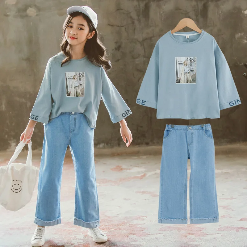 

New European and Korean Fan Girls Autumn Clothes Children Portrait Sweater Tops Wide Leg Denim Pants Two Sets Tide Girls Suits
