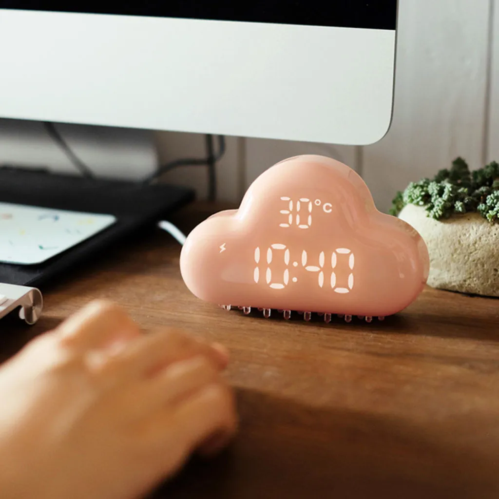 Alarm Clock Multifunction Cartoon Cloud Alarm Clock Temperature Lamp Cute USB Charge Clock 145g Pink Mint Green
