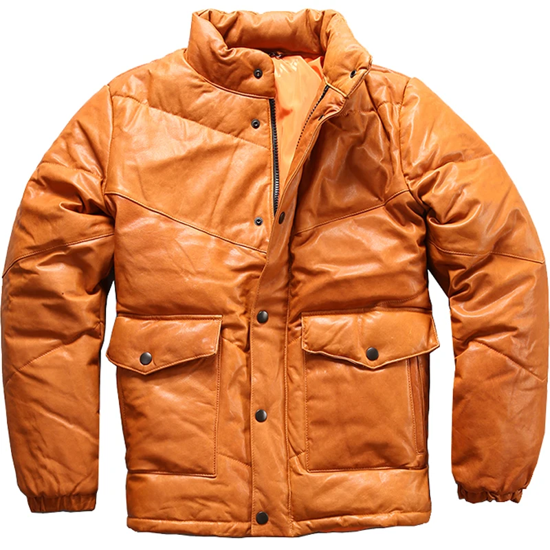 

2019 Yellow Men Winter Thick Genuine Leather Down Jacket Plus Size 3XL Russian Slim Fit Casual Sheepskin Down Coat FREE SHIPPING